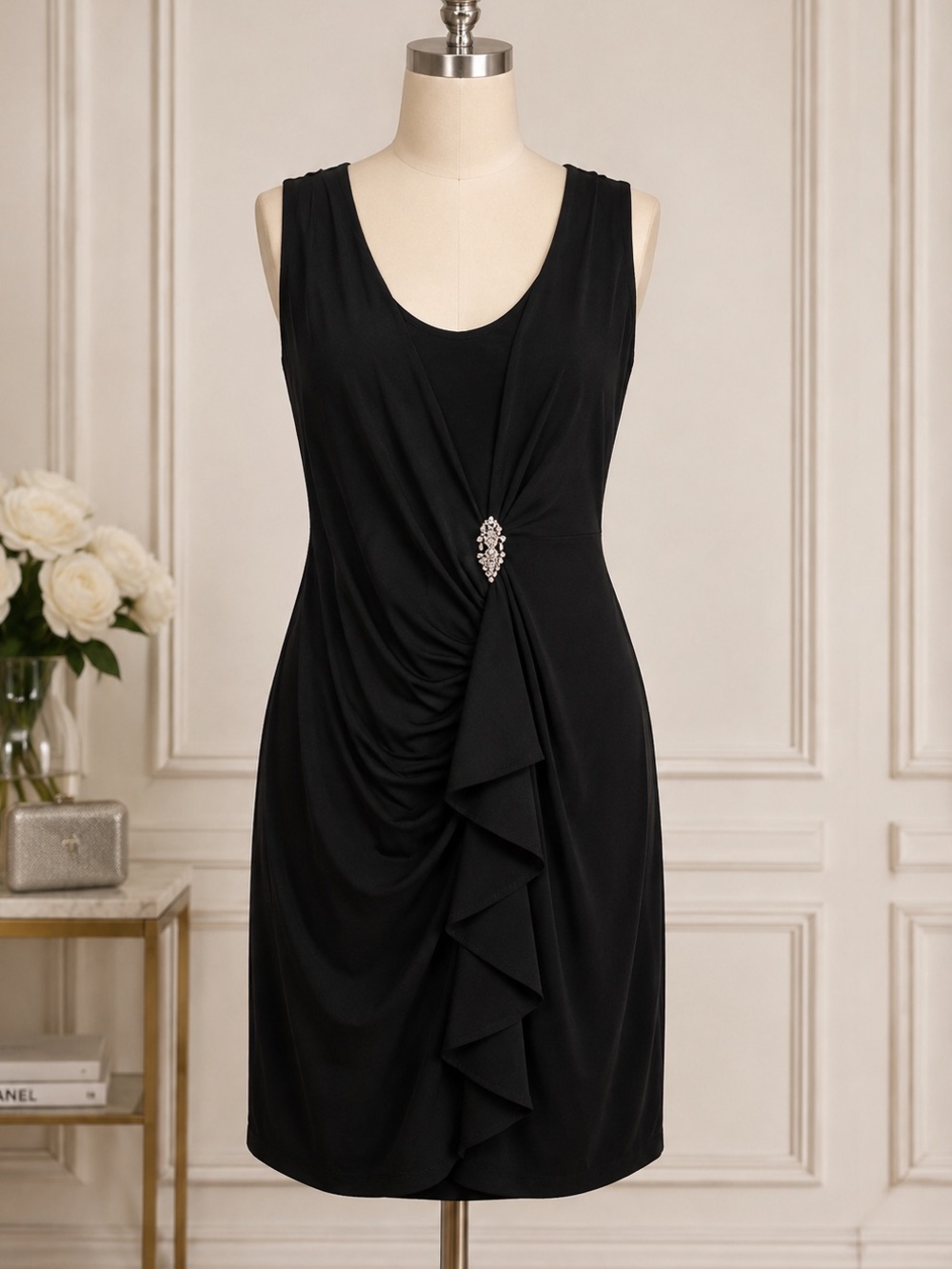 🌸 J. Taylor Elegant Black Asymmetrical Dress with Brooch